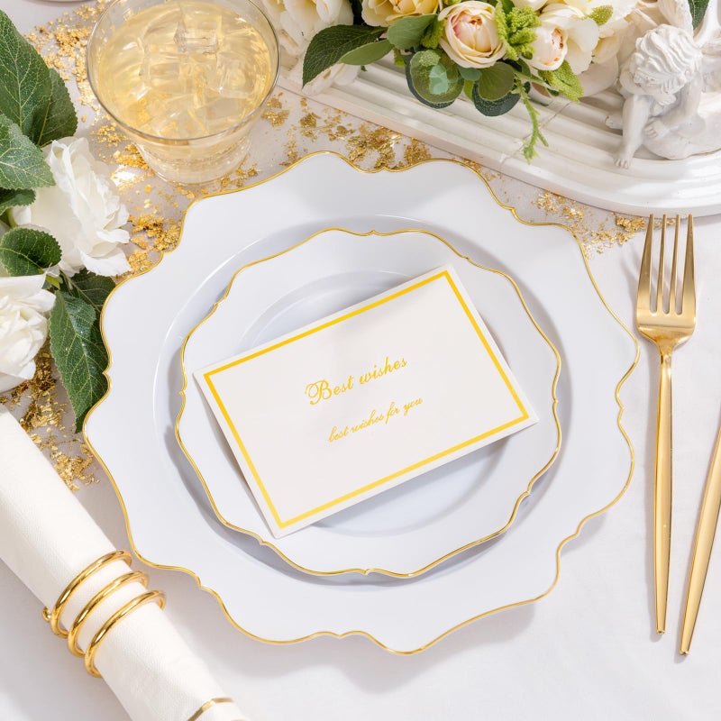 WDF 175Pcs Gold Disposable Plates - White and Gold Plates 25guest Plastic Dinnerware Ideal for Party/Wedding/Banquets/Birthday - Image 3