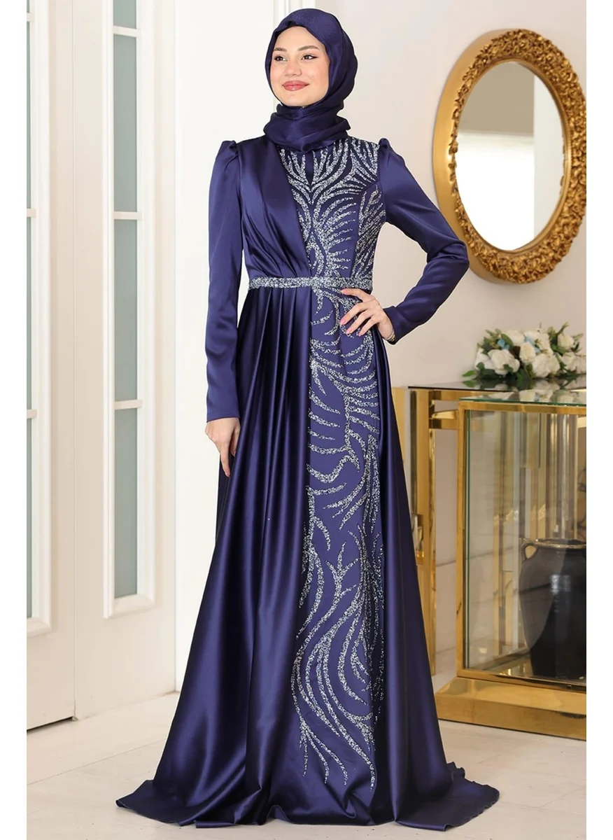 Esilanur Mihrimah Hijab Evening Dress Navy Blue