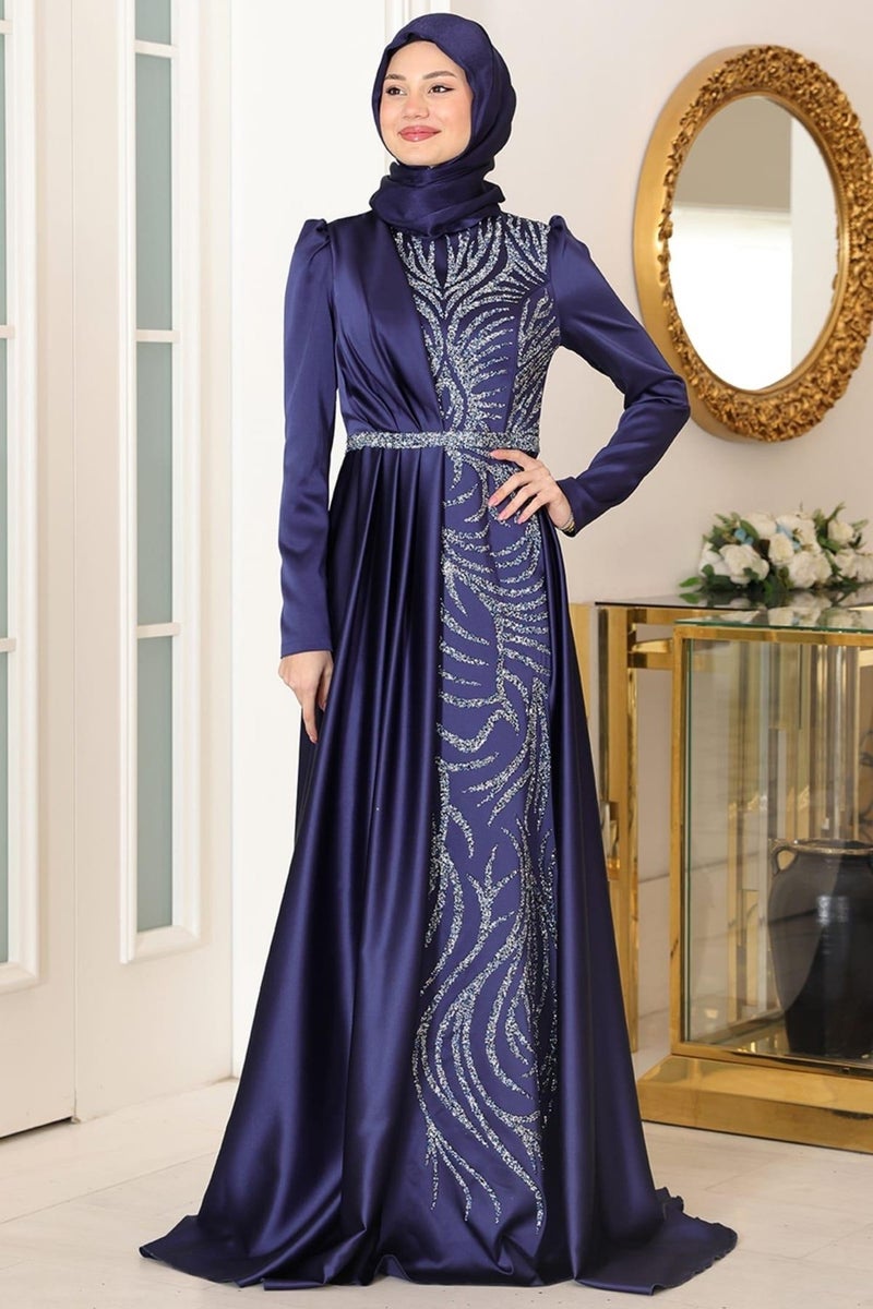 Esilanur Mihrimah Hijab Evening Dress Navy Blue  - Image 1