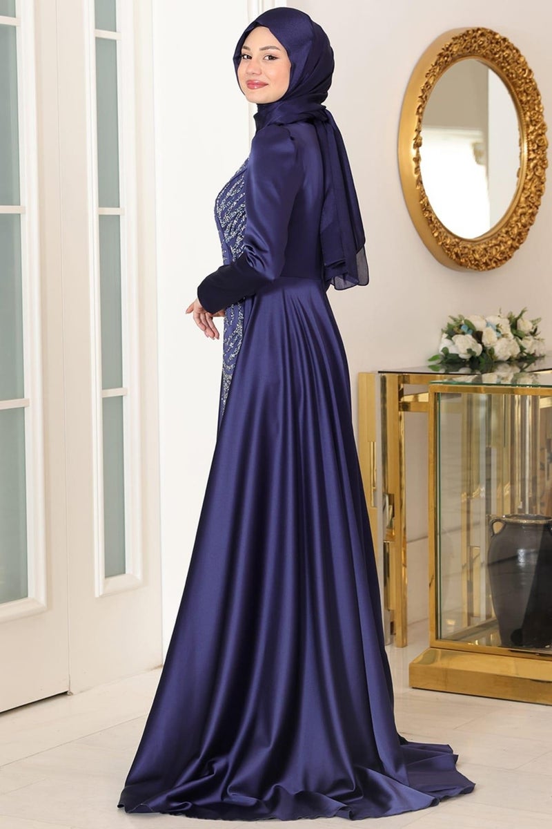 Esilanur Mihrimah Hijab Evening Dress Navy Blue  - Image 3
