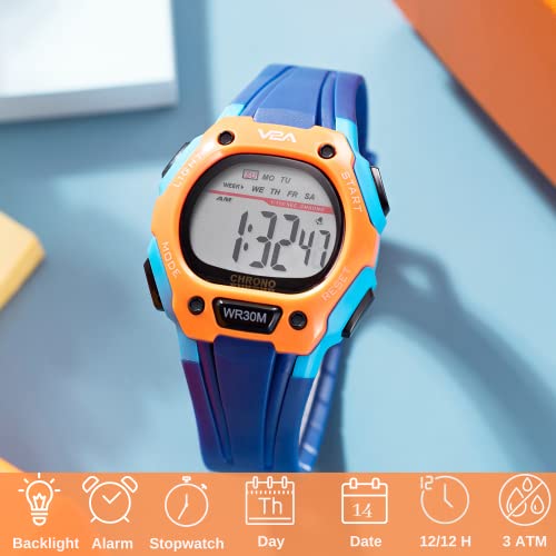 V2A Resin Digital Water Resistant Kid Sports Watch for Boys - Blue and Orange with Grey Dial and Blue Band - Image 3