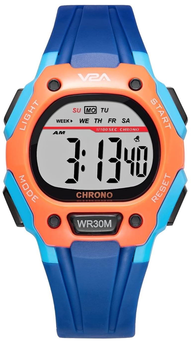 V2A Resin Digital Water Resistant Kid Sports Watch for Boys - Blue and Orange with Grey Dial and Blue Band - Image 1