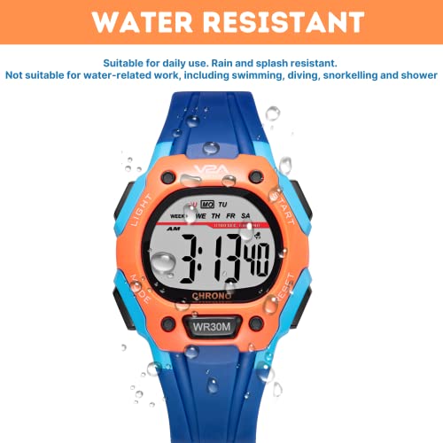 V2A Resin Digital Water Resistant Kid Sports Watch for Boys - Blue and Orange with Grey Dial and Blue Band - Image 5