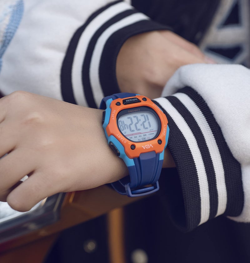 V2A Resin Digital Water Resistant Kid Sports Watch for Boys - Blue and Orange with Grey Dial and Blue Band - Image 2