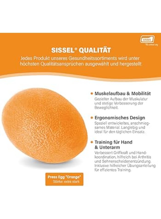 سيسيل SISSEL Press Egg Orange – مدرب اليد والساعد، مقاومة قوية جدًا لتقوية قوة القبضة، بناء العضلات، تحسين الحركة والعلاج الطبيعي، تصميم مريح مع دليل تمارين - Image 2