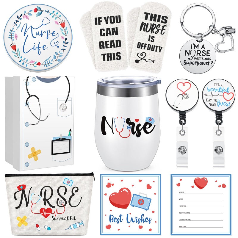 Coume Nurse Appreciation Gifts for Women 9 Pcs Nurses Appreciation Gift Set Customized Stainless Steel Wine Tumbler Keychain Socks Thank You Gift for Nurse Lpn Rn students teacherWhite