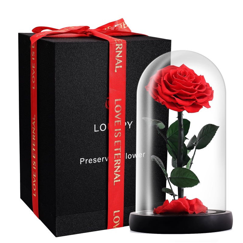 LOUVPY LOUVPY Forever Roses  Gifts Idea for Mom  Beauty and The Beast Rose in Glass Dome  Eternal Preserved Rose Flower  Gift for HerWifeGirlfriendRed 9inch 
