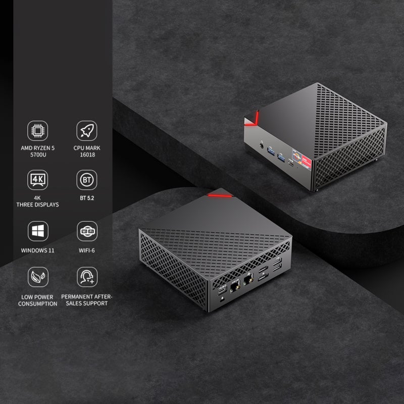 كمبيوتر مصغّر R7 5700U 8 أنوية 16 خيطًا حتى 4.3GHz حاسوب مكتبي 16GB DDR4 512GB NVMe SSD دعم ثلاث شاشات 4K WiFi6 بلوتوث 5.2 ويندوز 11 للمنزل والمكتب والألعاب - Image 2