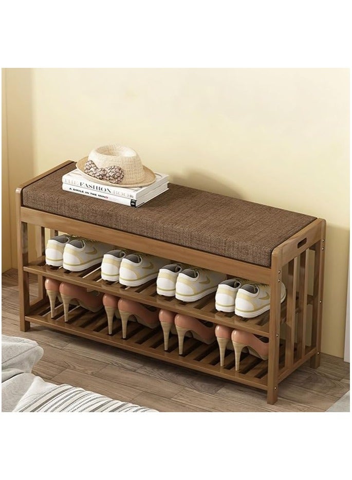 LINGWEI Bamboo Shoe Rack Bench with Cushion Seat, 2-Tier Shoe Organizer & Storage Shelf, Stylish Entryway Furniture for Hallway, Living Room, or Mudroom - Image 1