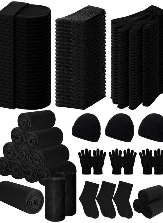 Toulite 120 Pcs Homeless Care Package Supplies Winter Knit Beanies Gloves Socks Fleece Blankets Bulk for Winter Homeless Care, Black, One Size - Image 1