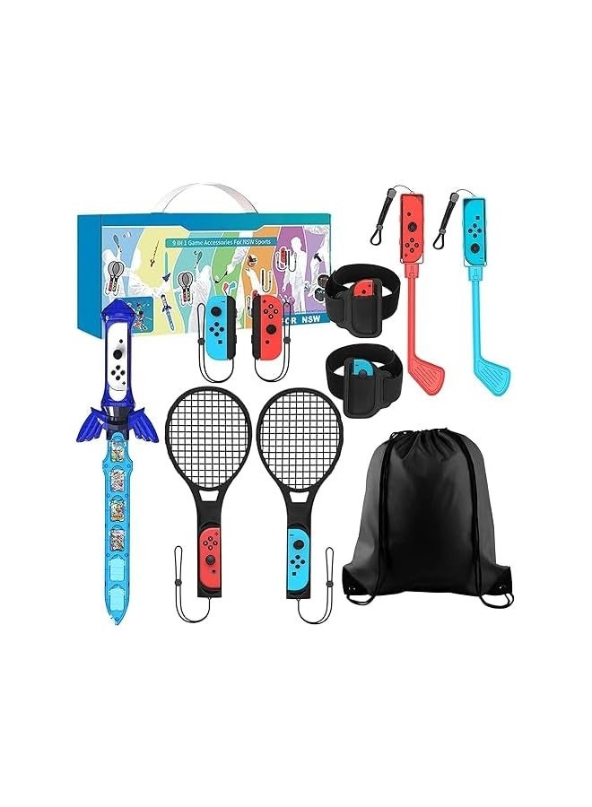 PROMASS 9 IN 1 Game Accessory Kits For Nintendo Switch Sports, Mario Tennis Ace Rackets +Golf Clubs for Mario Golf Super Rush - Image 1