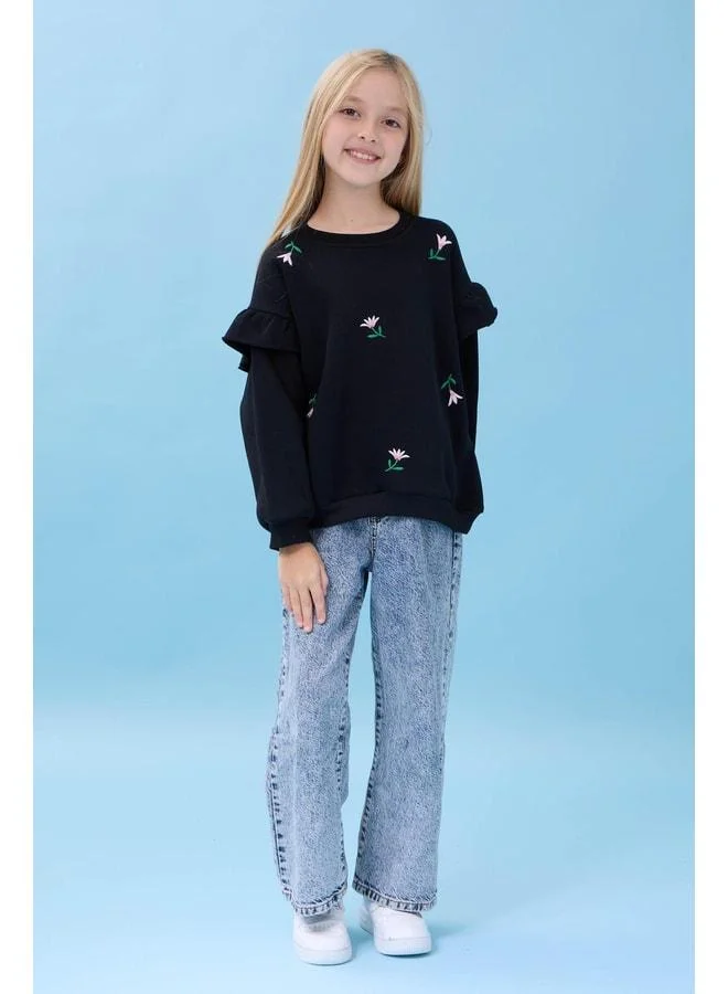 Perendi Girl's Ruffled Detailed Floral Embroidered Oversized Sweatshirt with Sheath - Black.