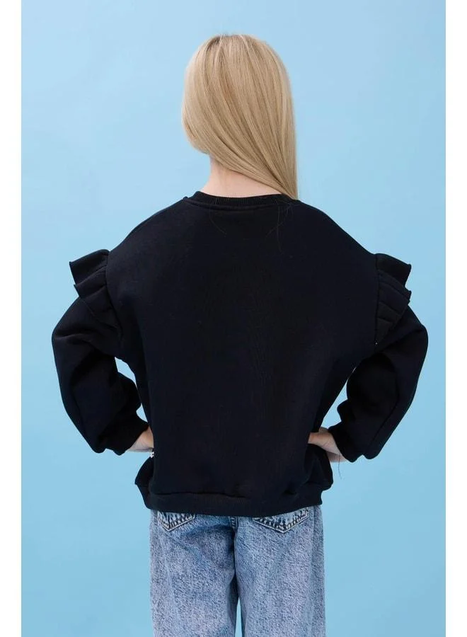 Perendi Girl's Ruffled Detailed Floral Embroidered Oversized Sweatshirt with Sheath - Black.