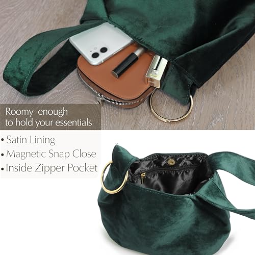 Hoxis Women Clutch Velvet Top Handle Bag Wristlet Small Tote Purse (Dark Green) - Image 4