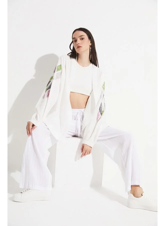 جون June Women Exclusive Sequined Viscose Blend Kimono Ecru