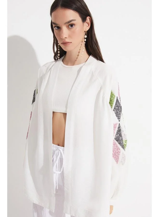 جون June Women Exclusive Sequined Viscose Blend Kimono Ecru