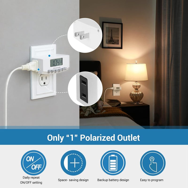 DEWENWILS Timer Outlet, 24 Hour Timers for Electrical Outlets for Christmas with 1 Polarized Plug, 125V 15A 1000W Indoor Light Timer for Lamp Heater Fan Aquarium, 1/2 HP, 2 Pack, UL Listed - Image 2