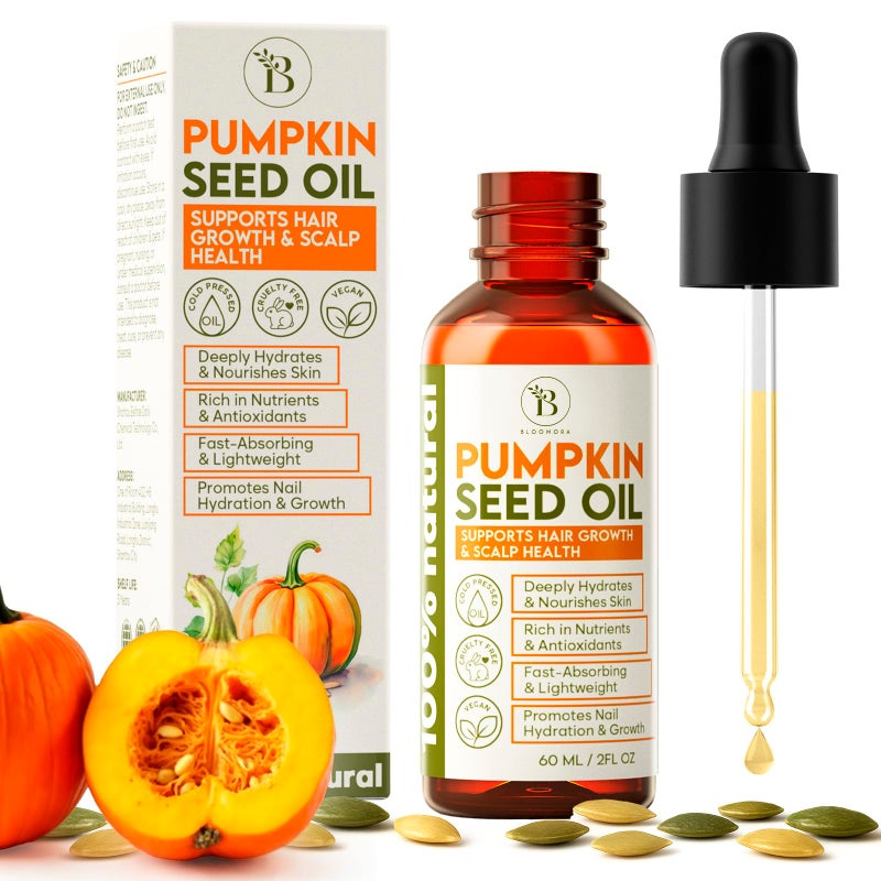 BLOOMORA Cold Pressed Pumpkin Seed Oil for Hair Care, Dry Scalp Oil, Skin & Nail Hydration (2Fl Oz), Pumpkin Seed Extract Drops for Scalp Care, Smooth Split Ends, Natural Hair Serum Alternative - Image 1
