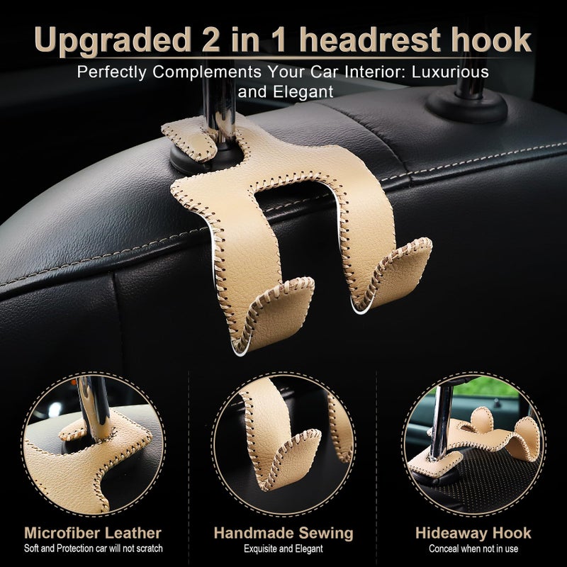 LivTee Upgraded Superior Leather Car Seat Back Headrest Hook, 2 in 1 Auto Seat Hook Hangers Holder Organization Interior Accessories for Purses Coats Umbrellas Grocery Bags Handbag (Beige) - Image 2