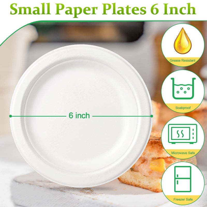 Greconv 300 Pack Small Compostable Paper Plates  6 inch  Made from Sugarcane Fibers  Recycled  White - Image 2