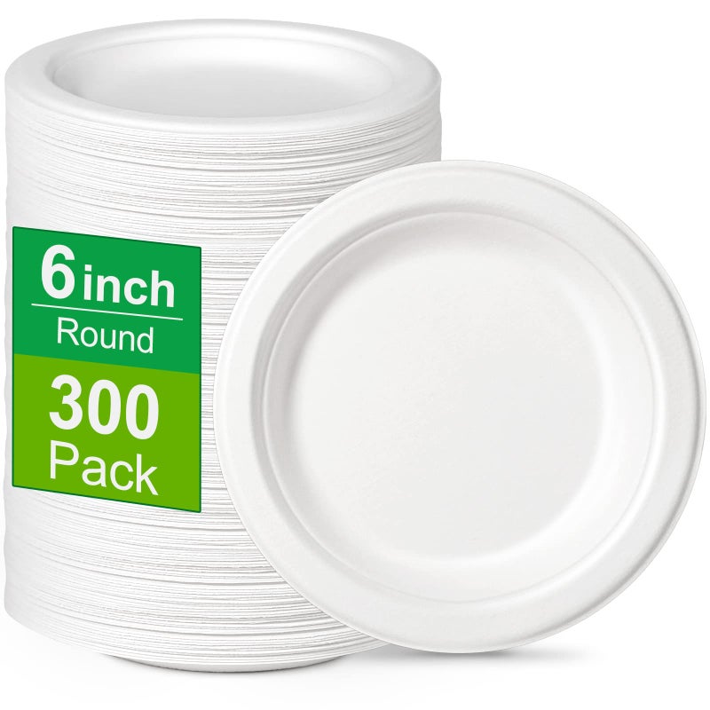 Greconv 300 Pack Small Compostable Paper Plates  6 inch  Made from Sugarcane Fibers  Recycled  White - Image 1
