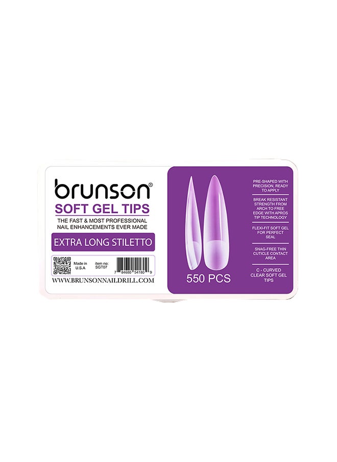 brunson False Nail Tips Soft Gel C-Curved Clear Extra Long Stiletto 550 Pieces SGT07  - Image 1
