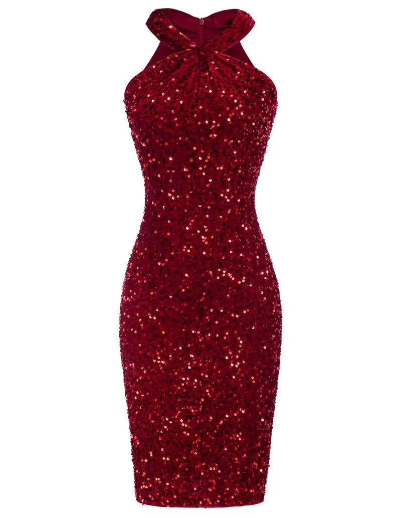 GRACE KARIN Sequin Dress for Women Red Dress Party Club Velvet Sequin S - Image 1
