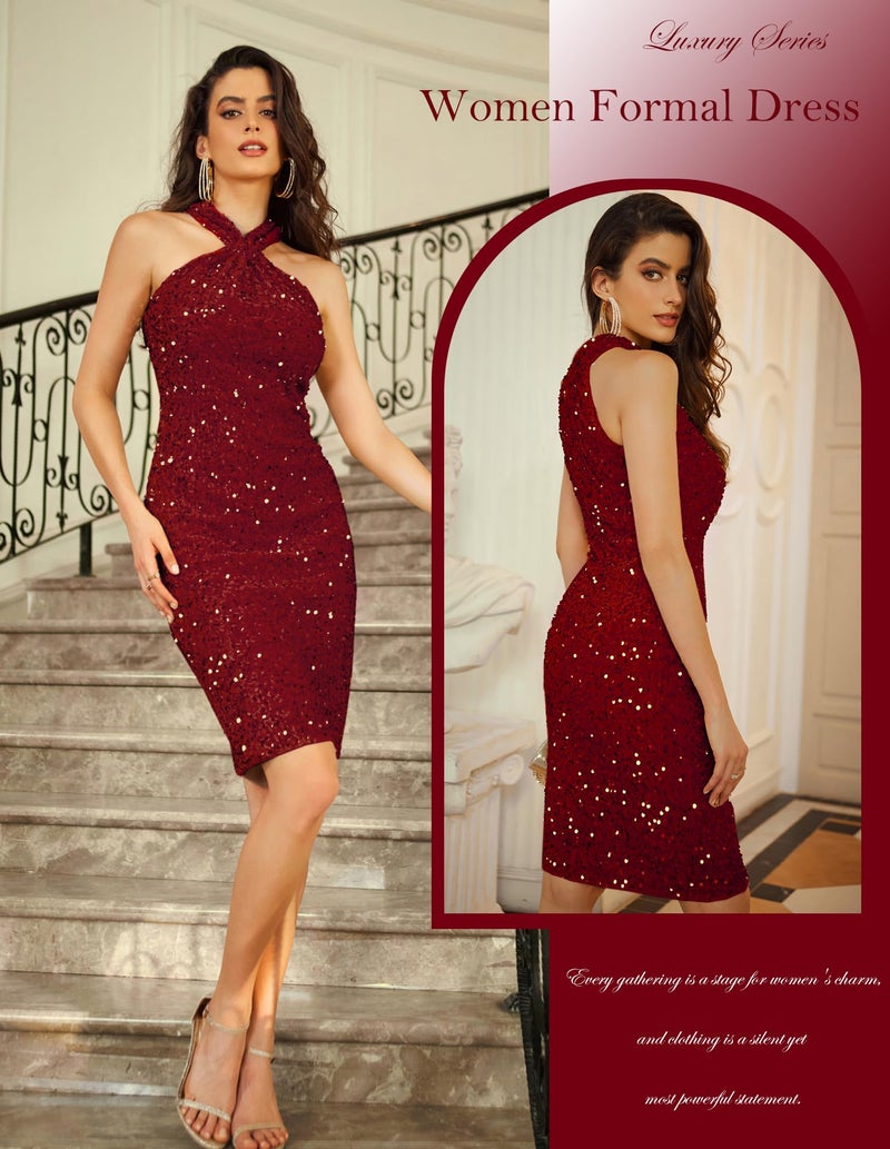 GRACE KARIN Sequin Dress for Women Red Dress Party Club Velvet Sequin S - Image 3