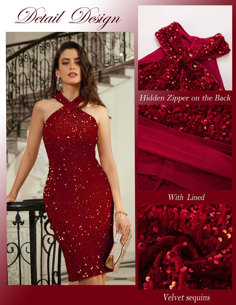 GRACE KARIN Sequin Dress for Women Red Dress Party Club Velvet Sequin S - Image 4