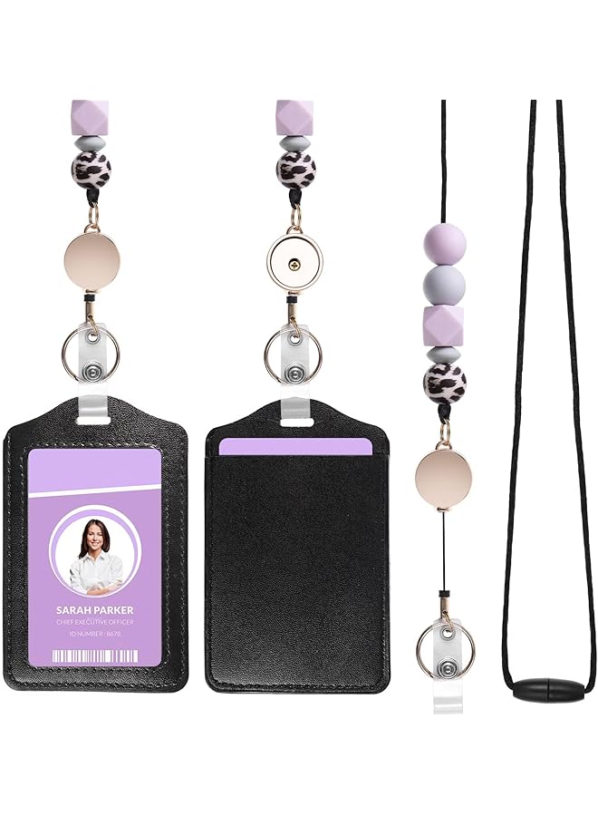 أكس سبرينج حامل شارة الهوية من الجلد الصناعي مع حبل قابل للسحب وحلقة مفاتيح وحامل شارة مع حبل أمان قابل للفصل وبكرات شارة للمعلمين والطلاب في المكاتب - Image 1