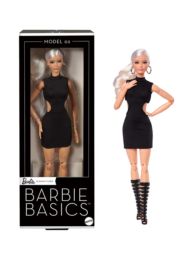 باربي Basics Model 02 Collector Doll with Blonde Hair, Black Mini Dress & Gladiator Boots, Universal-fit Fashions, Posable Body & Swappable Doll Head