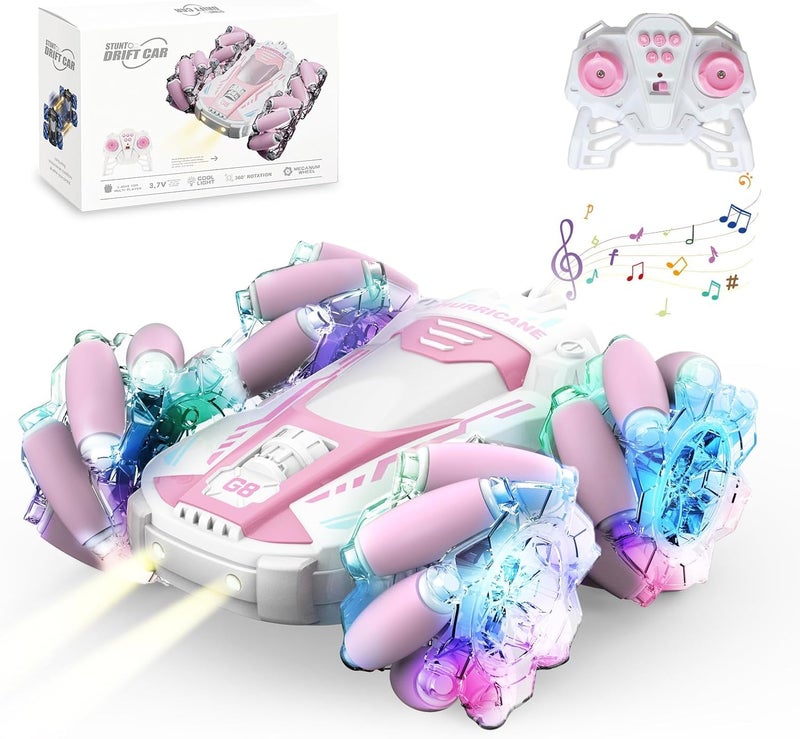 OMIRE Pink Remote Control Stunt Car - 4WD 2.4GHz Double Sided 360° Rotating RC Car with Lights and Music - Image 1