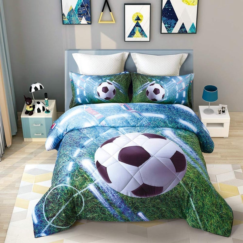 Wowelife Wowelife Soccer Bedding Set Full Size 5 Pieces Soccer Comforter Set for Boys Green Playground Football Bedding Comforter Set Bed in A Bag Comfortable and Breathable for Teens and Adults Green 