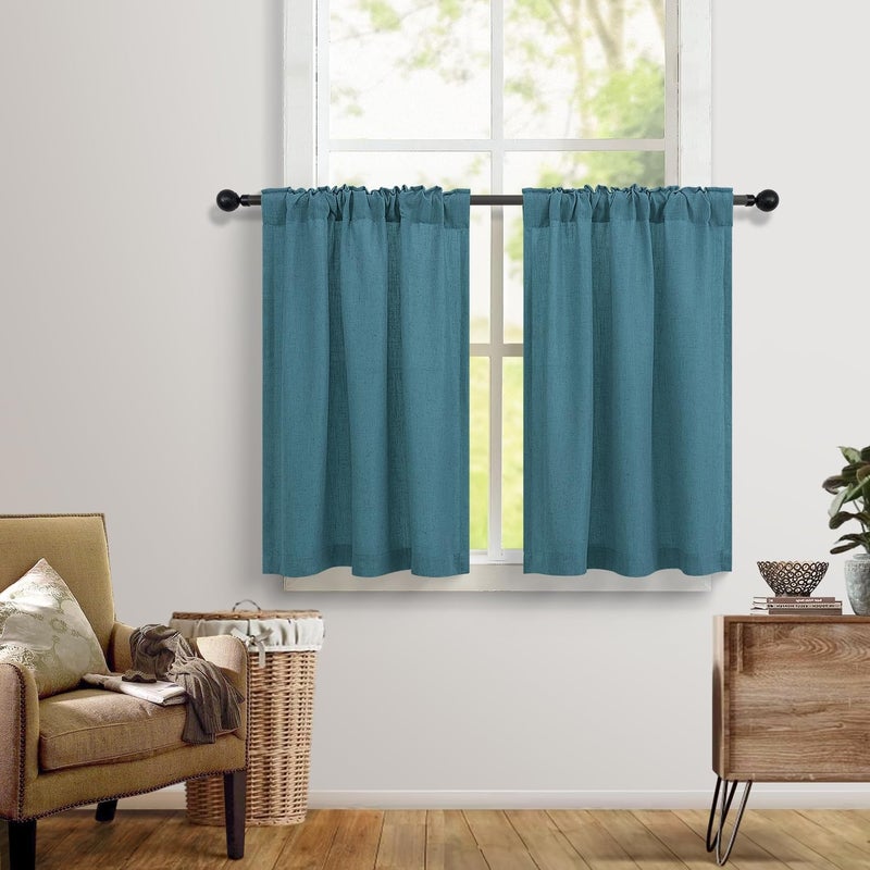 DANCURTON Teal Kitchen Cafe Curtains 24 Inch Length 2 Panel Back Tab Pocket Light Filtering Sheer Privacy Linen Short Turqoise Curtain for Small Window Blue Green Curtain for Bathroom Farmhouse 30x24 - Image 2