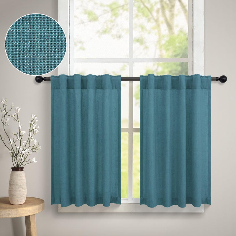 DANCURTON Teal Kitchen Cafe Curtains 24 Inch Length 2 Panel Back Tab Pocket Light Filtering Sheer Privacy Linen Short Turqoise Curtain for Small Window Blue Green Curtain for Bathroom Farmhouse 30x24 - Image 1