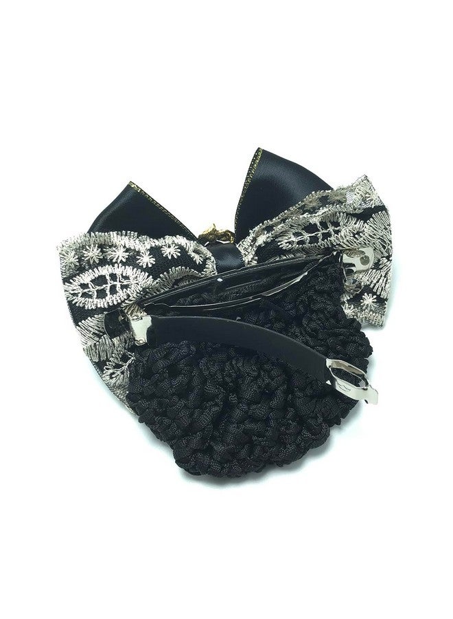Elandy 1PCS Lace Ribbon Bowknot Rhinestone Snood Net Elastic Hair Clip Barrette Bun Cover Black - Image 4