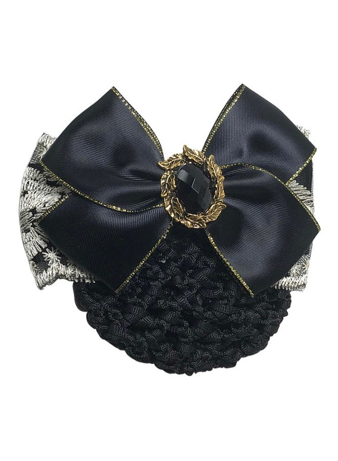 Elandy 1PCS Lace Ribbon Bowknot Rhinestone Snood Net Elastic Hair Clip Barrette Bun Cover Black - Image 5