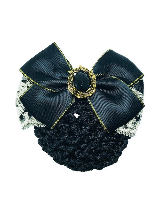 Elandy 1PCS Lace Ribbon Bowknot Rhinestone Snood Net Elastic Hair Clip Barrette Bun Cover Black - Image 2