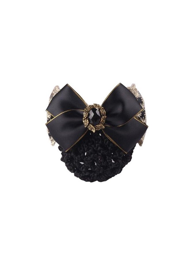 Elandy 1PCS Lace Ribbon Bowknot Rhinestone Snood Net Elastic Hair Clip Barrette Bun Cover Black - Image 1