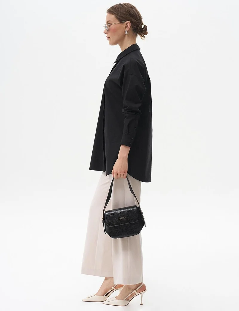 Kayra Shirt Collar Basic Poplin Tunic Black