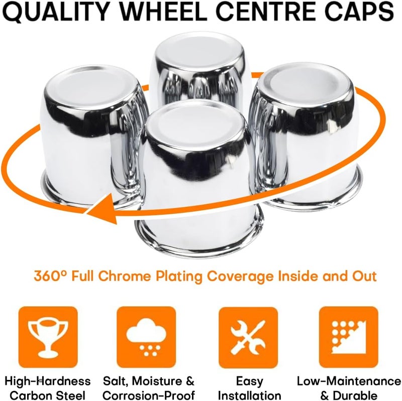 GTOWNWORKS 2.8inch Trailer Wheel Center Caps 71mm Fit 2.8" Center Bore Truck Trailer RV SUV Chrome Silver Steel Push Through Wheel Cover, 4Pcs - Image 3