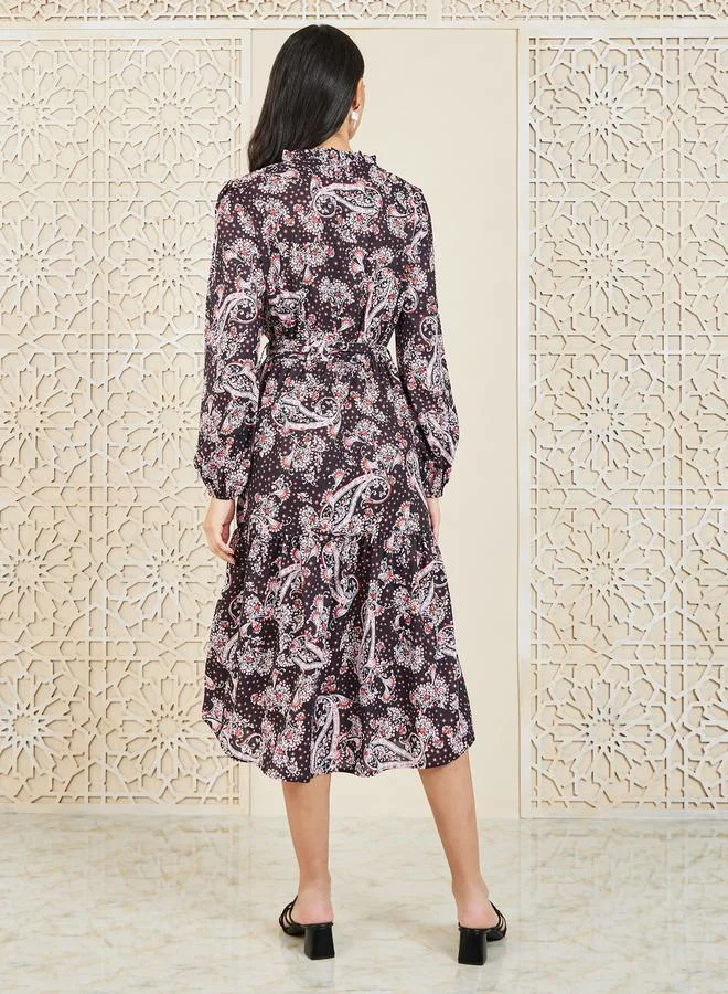 Styli Styli Paisley Print Notch Neck Tiered Midi Dress with Self Tie Up