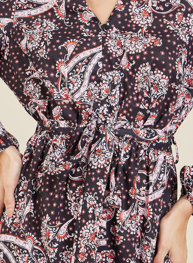Styli Styli Paisley Print Notch Neck Tiered Midi Dress with Self Tie Up