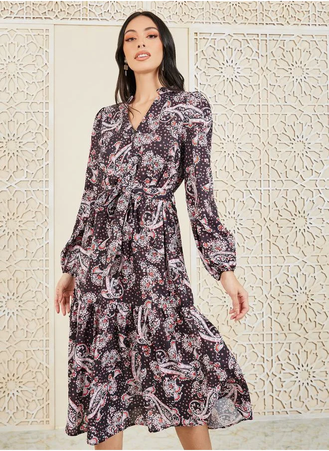 Styli Paisley Print Notch Neck Tiered Midi Dress with Self Tie Up