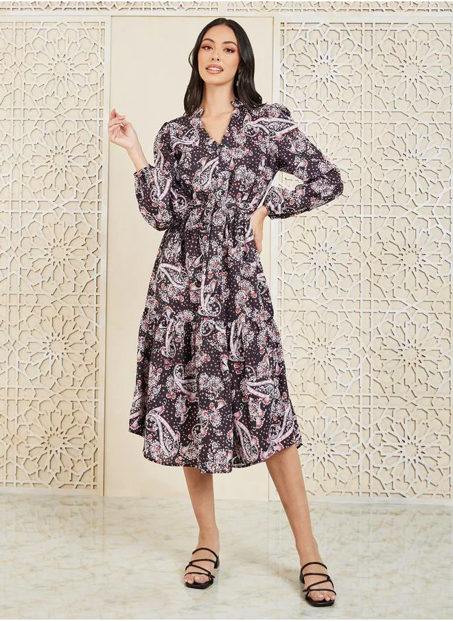 Styli Paisley Print Notch Neck Tiered Midi Dress with Self Tie Up