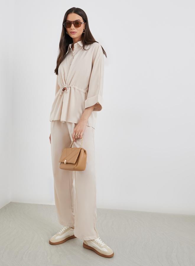 Styli Beige Drawcord Waist Shirt and Pants Co-Ords - Image 1