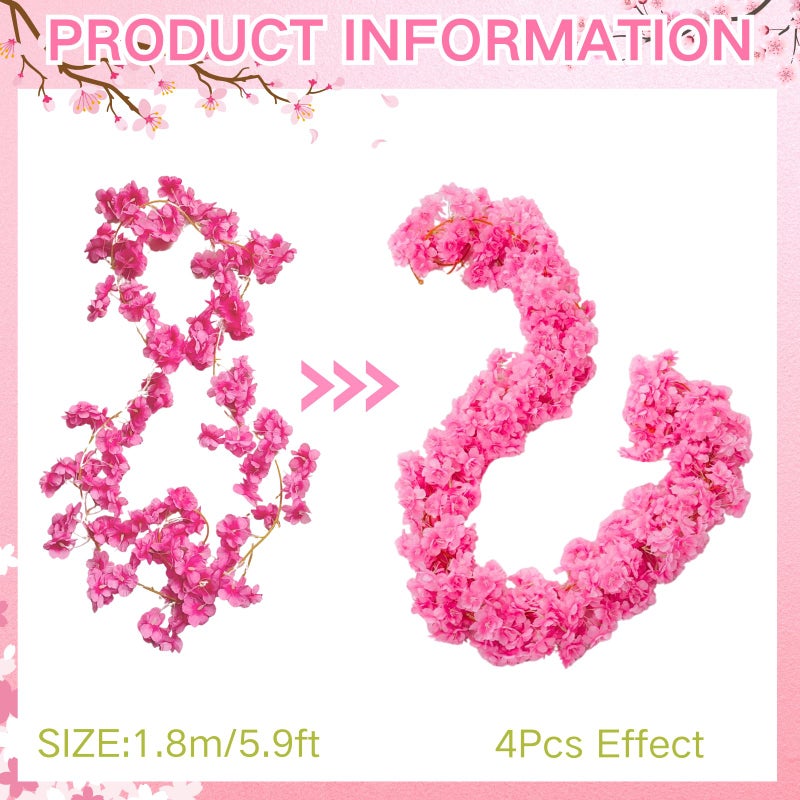 ASTRYAS 4Pcs Artificial Cherry Blossom Flowers Vines Fake Hanging Flowers Vines Garlands Hot Pink Silk Sakura for Wall Tree Wedding Party Home Bedroom Decor Outdoor - Image 3