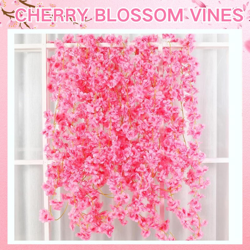 ASTRYAS 4Pcs Artificial Cherry Blossom Flowers Vines Fake Hanging Flowers Vines Garlands Hot Pink Silk Sakura for Wall Tree Wedding Party Home Bedroom Decor Outdoor - Image 5