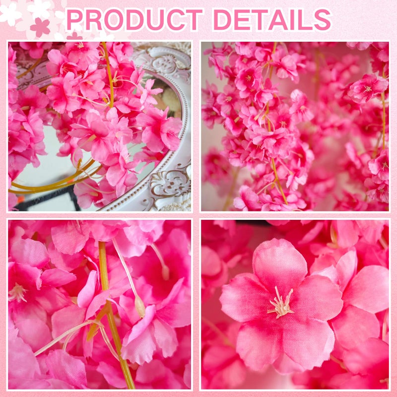 ASTRYAS 4Pcs Artificial Cherry Blossom Flowers Vines Fake Hanging Flowers Vines Garlands Hot Pink Silk Sakura for Wall Tree Wedding Party Home Bedroom Decor Outdoor - Image 4