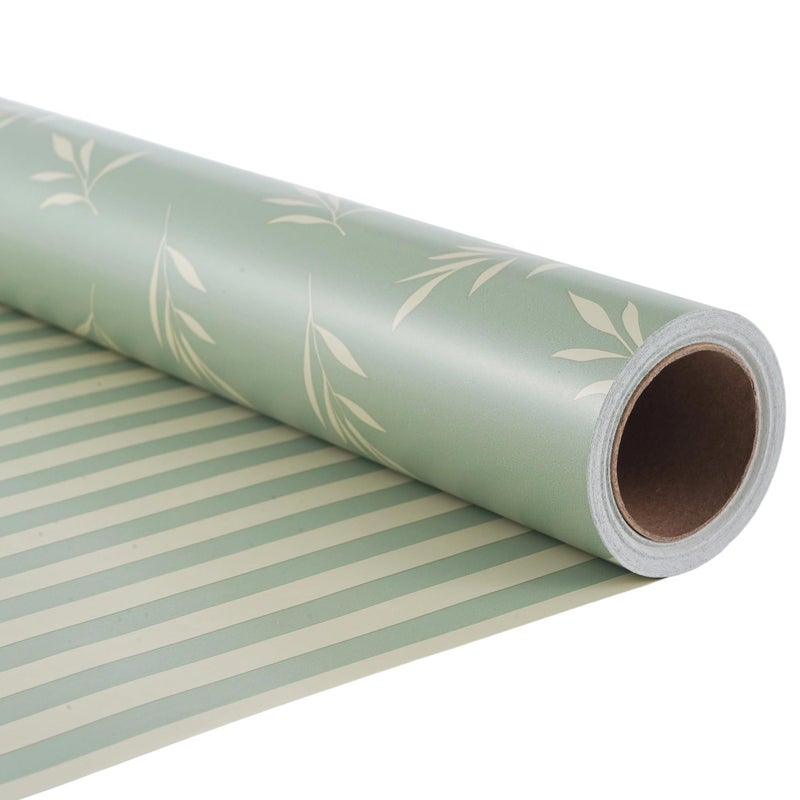 ZINTBIAL Reversible Gift Wrapping Paper Roll - Light Green Background with Beige Leaves - Green Stripe Design - for Birthdays,Weddings,Baby Showers,Mother's Day,Christmas - 17.5" x 33' (48 sq. ft.) - Image 1
